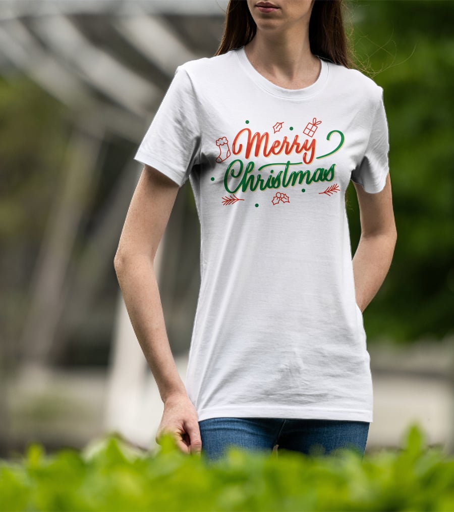 Merry Christmas Stocking Holly Leaves And Gift Icons T-Shirt