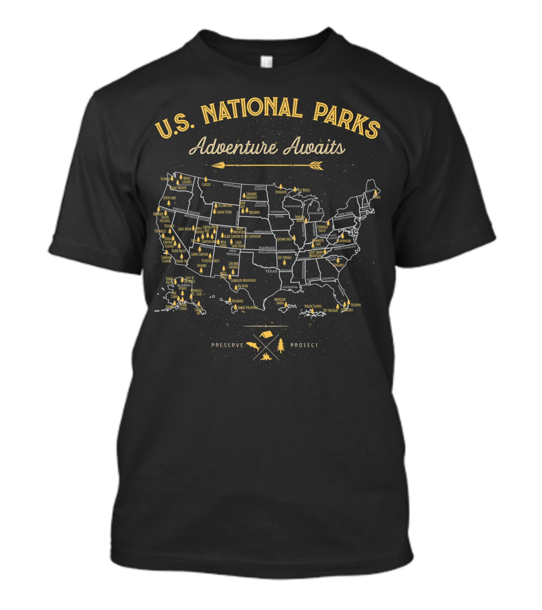 U.S. National Parks Adventure Awaits Preserve Protect Map Vintage Camping Hiking T-Shirt