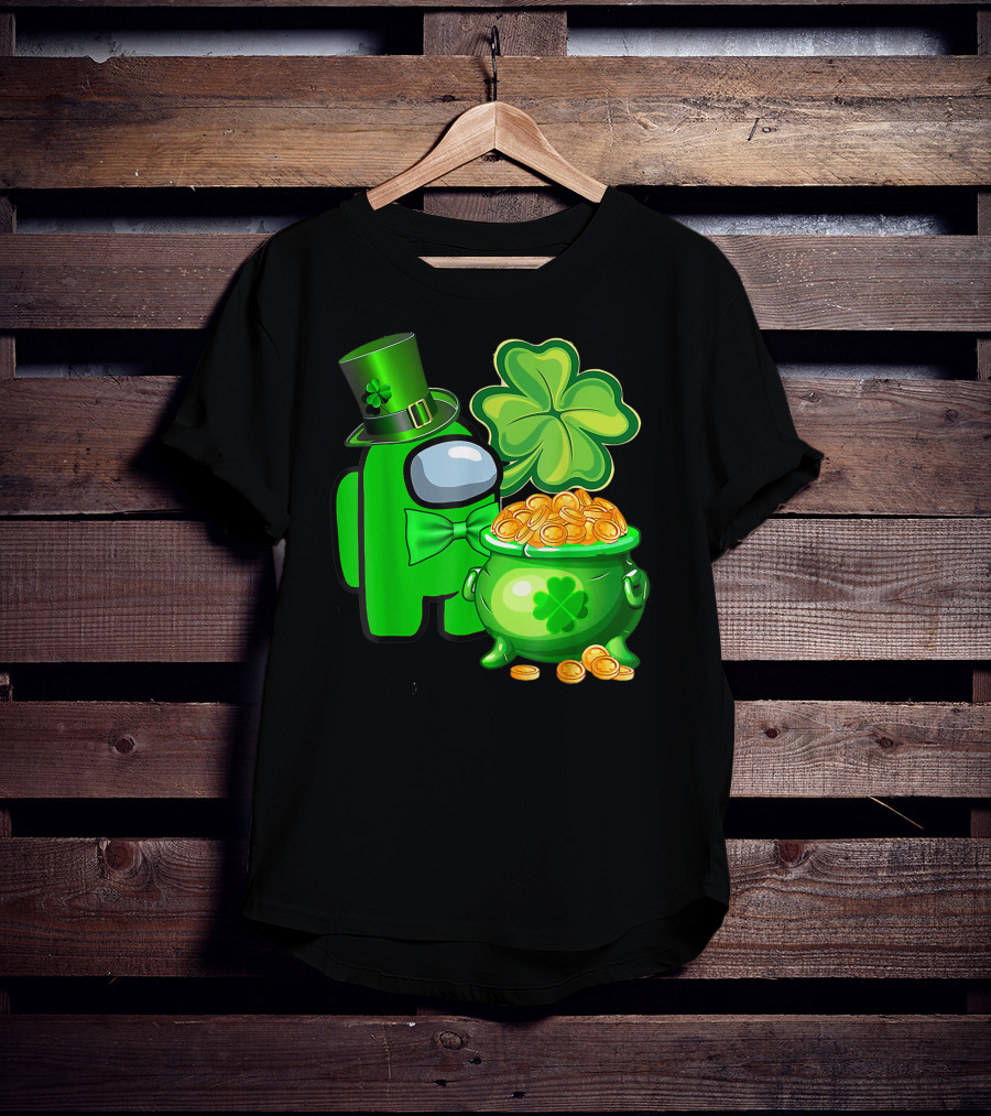 Among Us Green Character With Shamrock Hat And Pot Of Gold St Patrick's Day T-Shirt