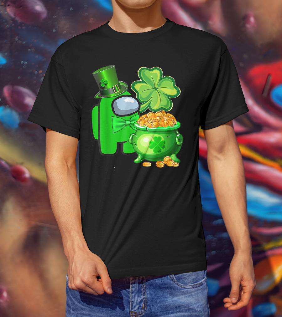 Among Us Green Character With Shamrock Hat And Pot Of Gold St Patrick's Day T-Shirt