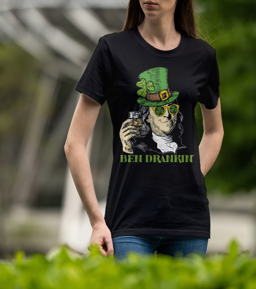 Ben Drankin Green Shamrock Hat Sunglasses Whiskey Glass T-Shirt