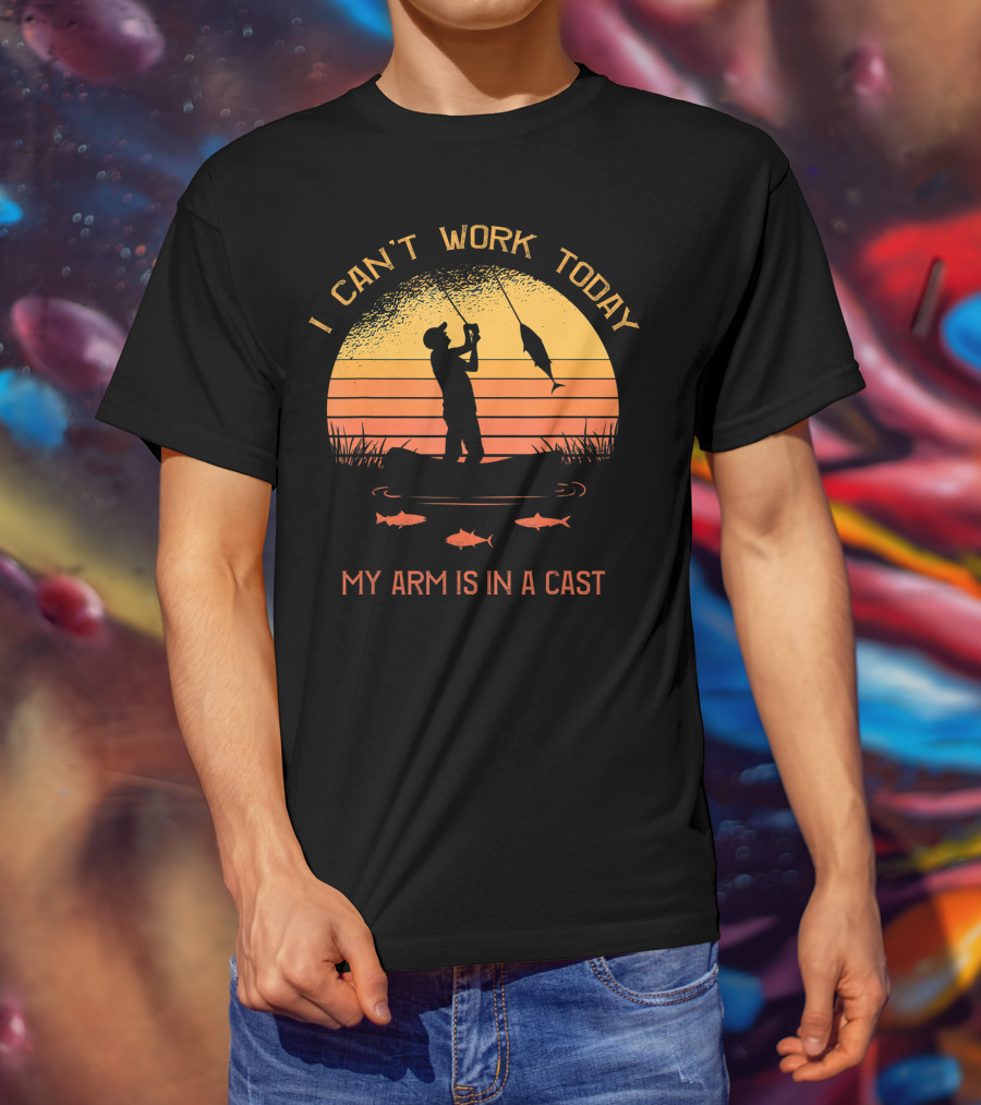 I Can't Work Today My Arm Is In A Cast Fisherman Silhouette Sunset T-Shirt