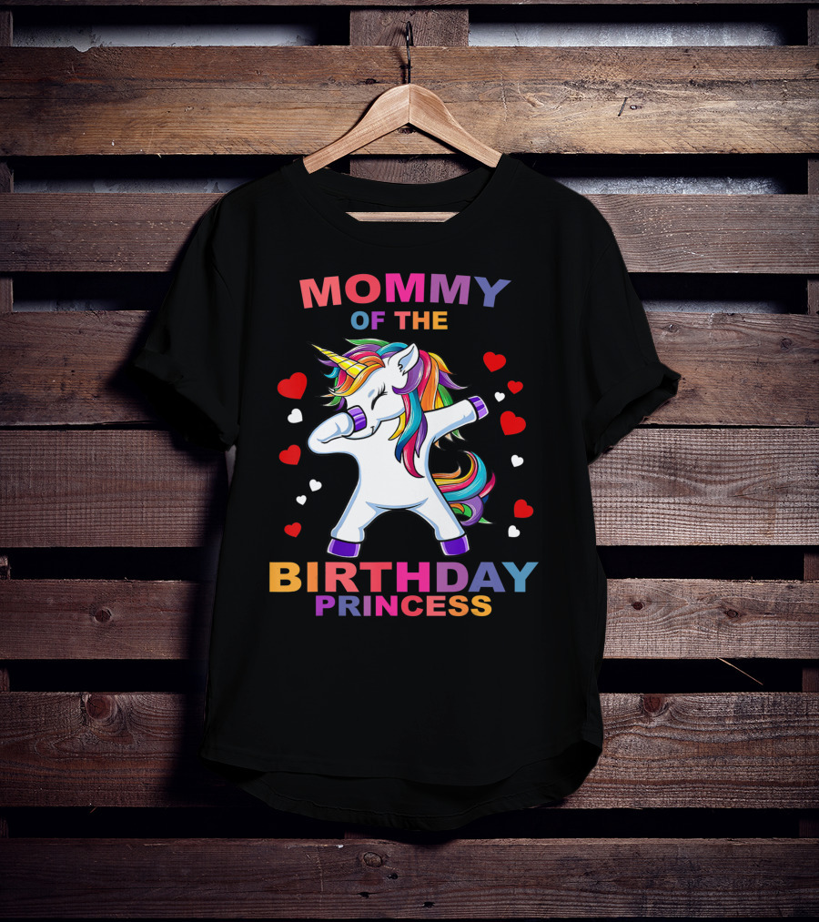 Mommy Of The Birthday Princess Unicorn Girl Dabbing With Hearts T-Shirt