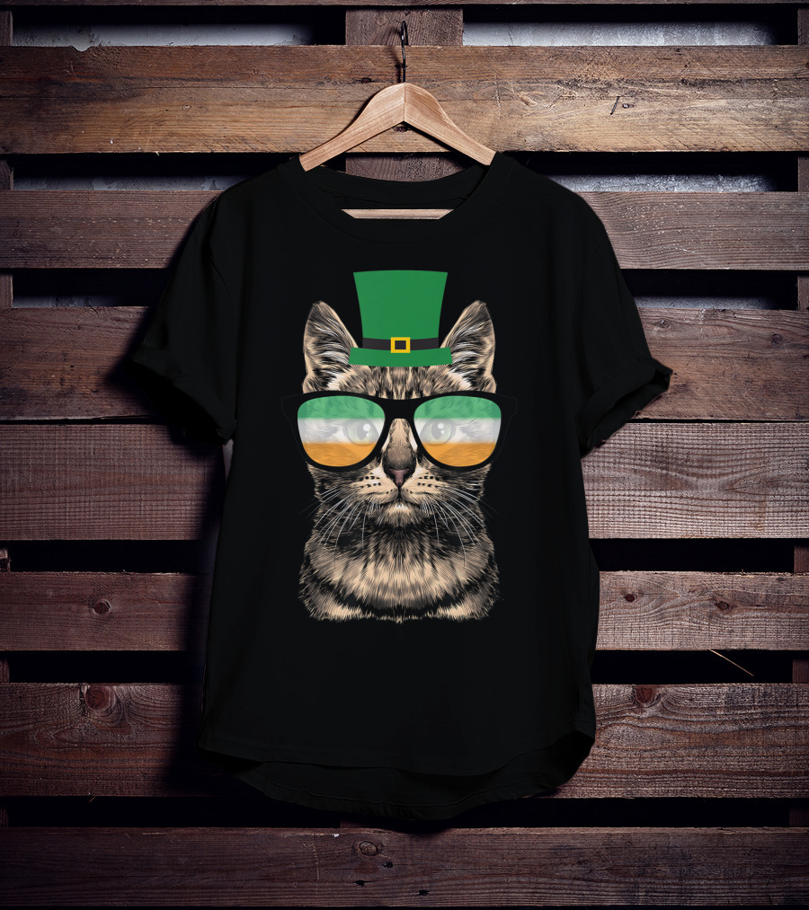 St Patrick's Day Cat Kitty Wearing Irish Green Hat And Glasses T-Shirt