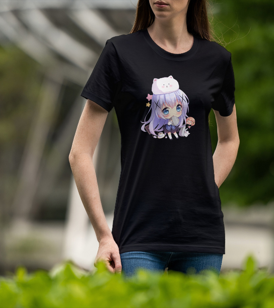 Hitsu Chibi Style Japanese Anime Character With Cat Hat And Stars T-Shirt