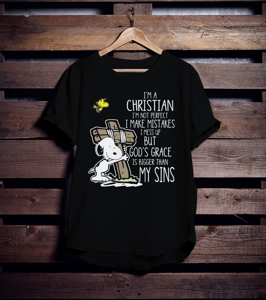 I'm A Christian God's Grace Bigger Than My Sins Snoopy Hugging Cross T-Shirt