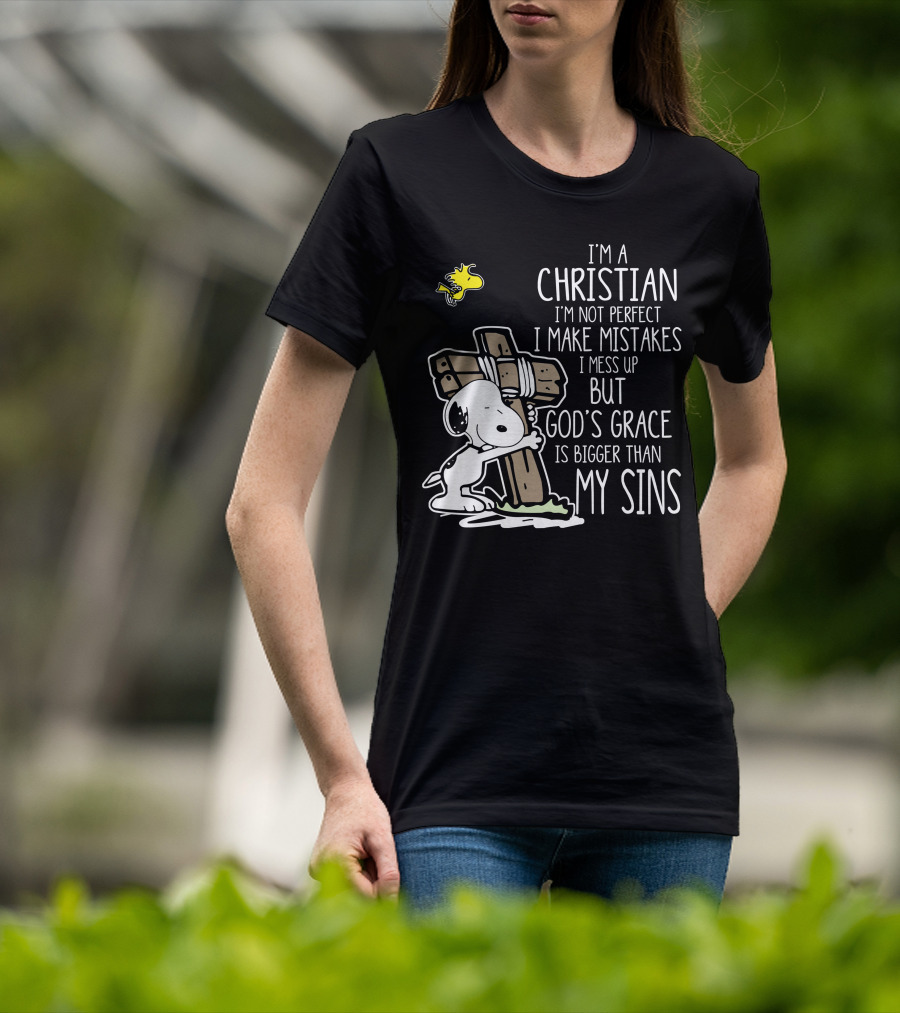 I'm A Christian God's Grace Bigger Than My Sins Snoopy Hugging Cross T-Shirt