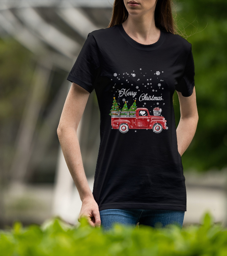Merry Christmas Red Truck With Christmas Trees And Snowflakes T-Shirt