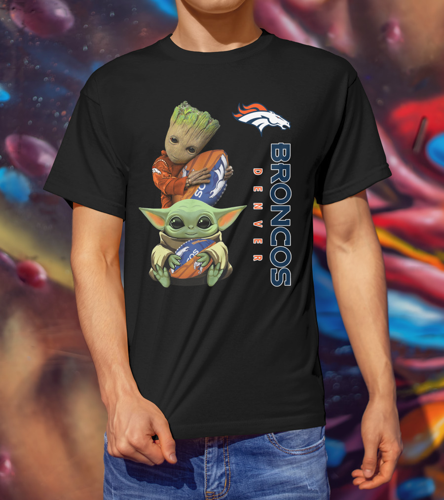 Only Today Groot And Baby Yoda Holding Broncos Football Denver Broncos T-Shirt