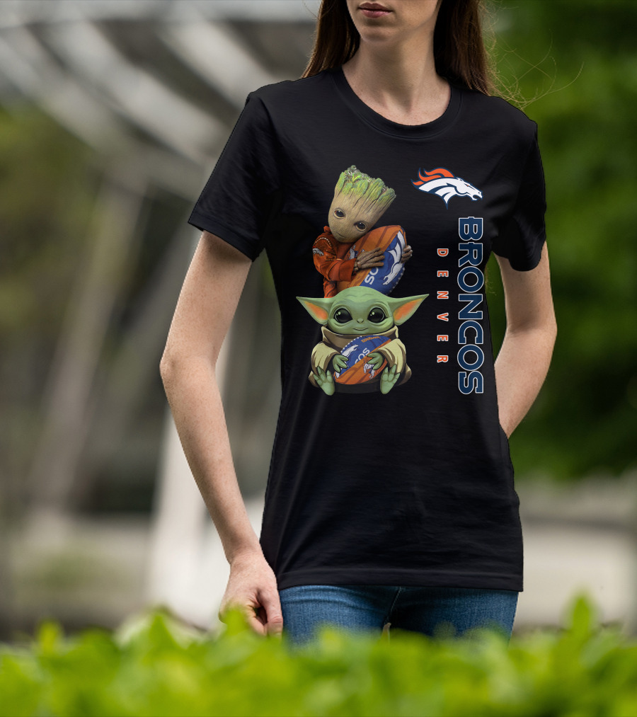 Only Today Groot And Baby Yoda Holding Broncos Football Denver Broncos T-Shirt