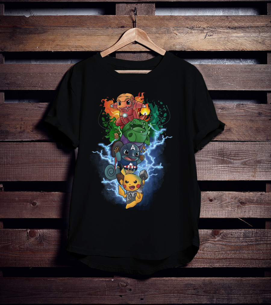 Pikachu Squirtle Charmander Bulbasaur Superhero Mashup T-Shirt