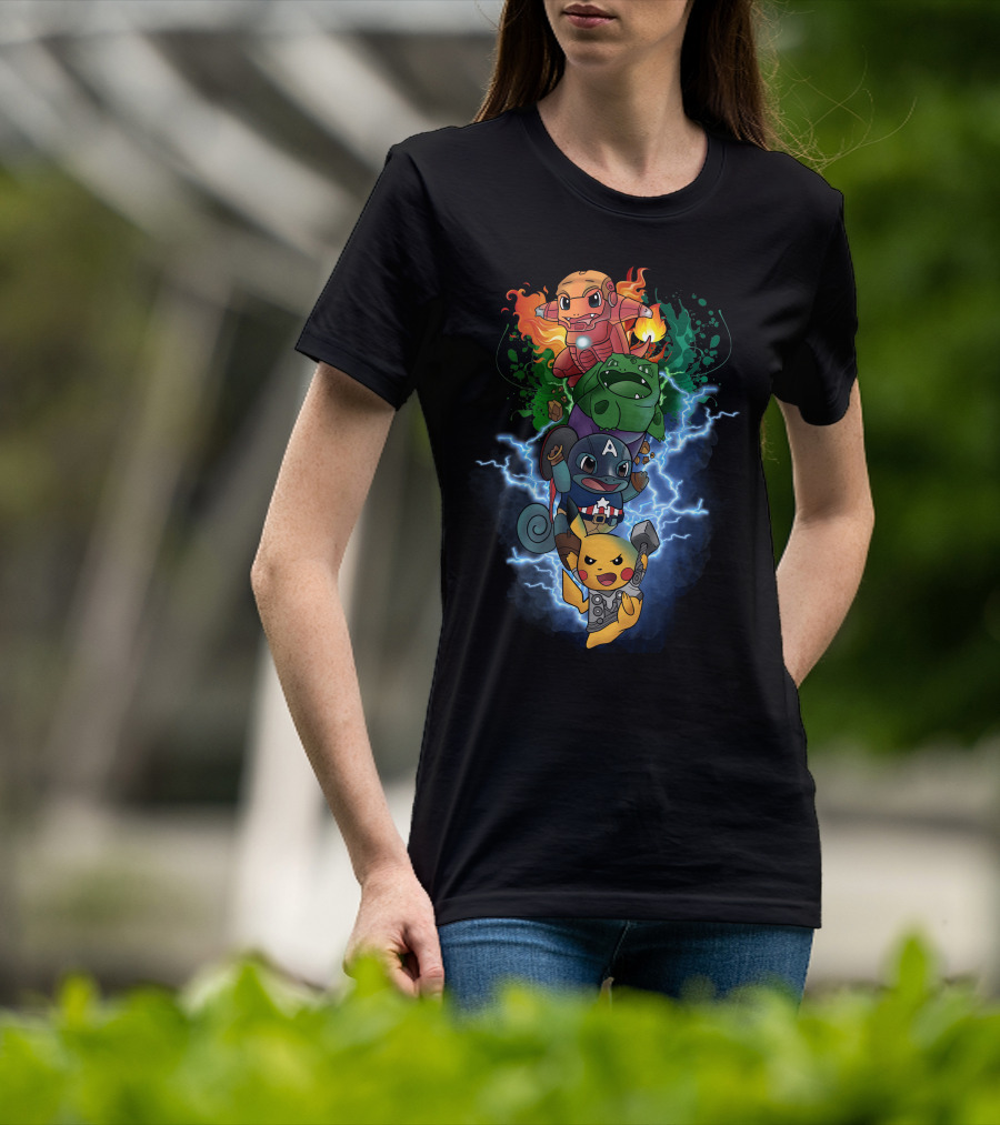 Pikachu Squirtle Charmander Bulbasaur Superhero Mashup T-Shirt