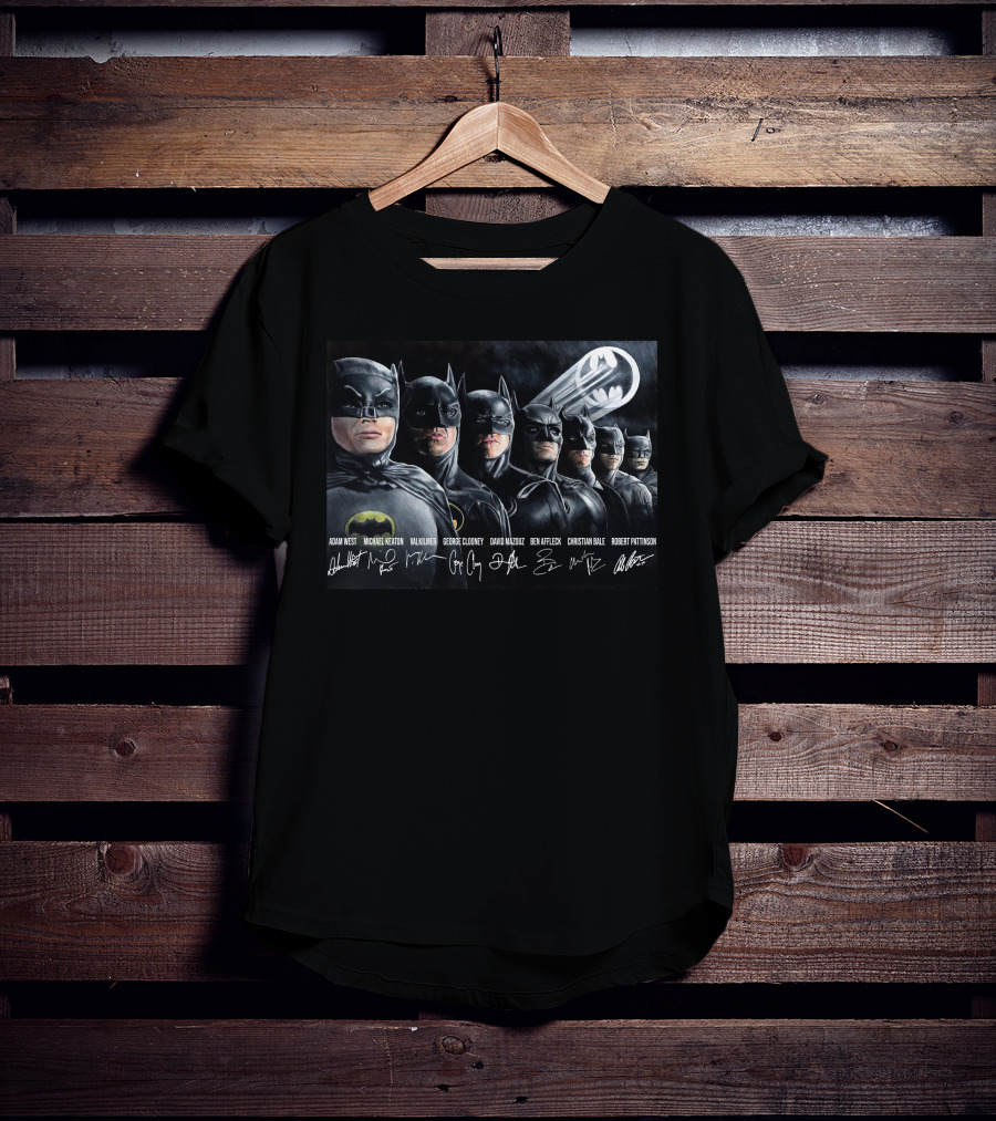 Adam West Michael Keaton Val Kilmer George Clooney David Mazouz Ben Affleck Christian Bale Robert Pattinson Batman Bat-Signal T-Shirt