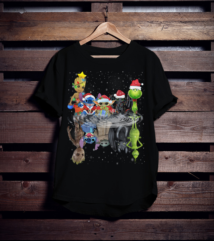 Groot Stitch Yoda Grinch Christmas Reflection T-Shirt