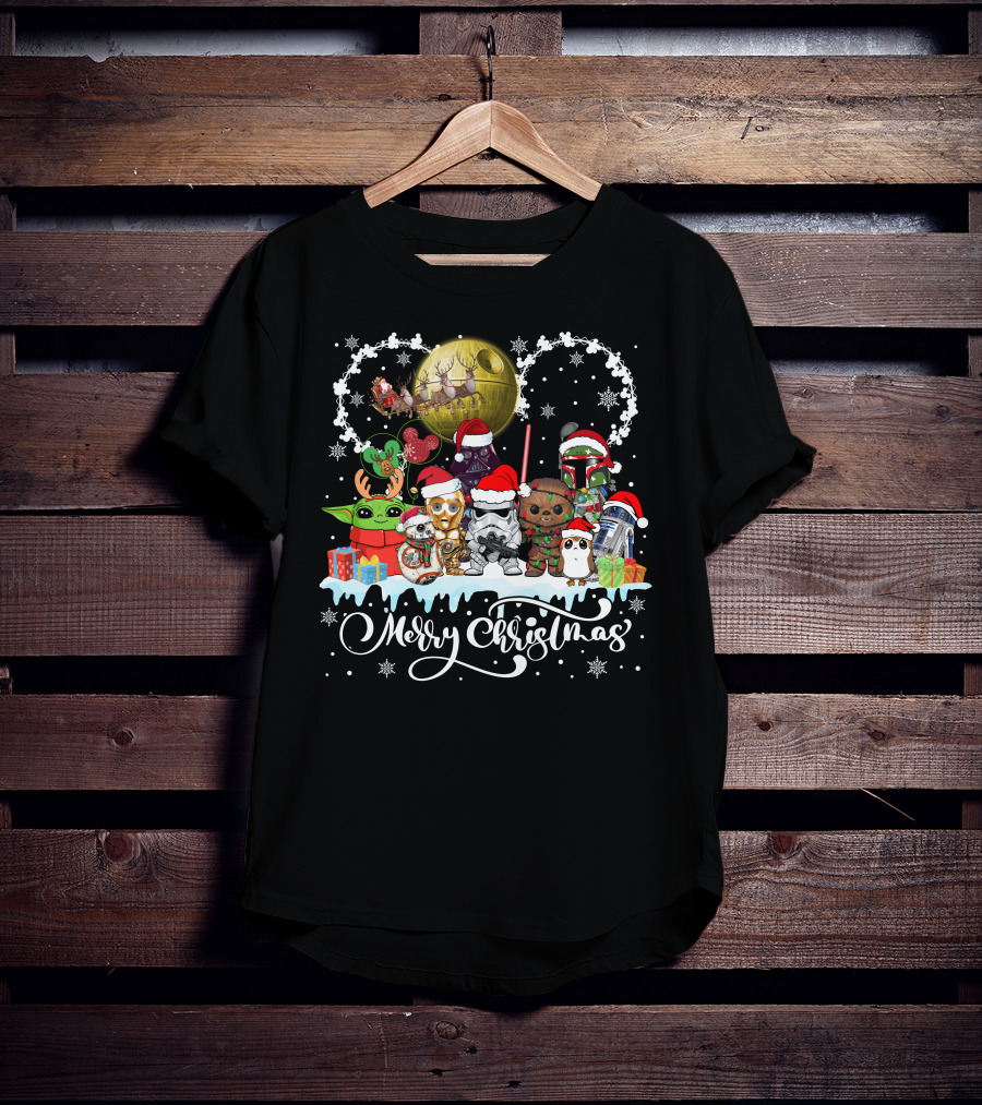 Merry Christmas Star Warss Characters Santa Hats Snowflakes T-Shirt