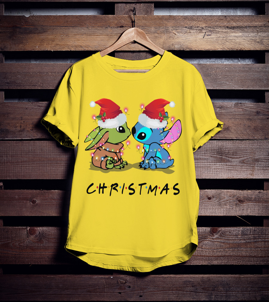 Christmas Yoda And Stitch Santa Hats T-Shirt