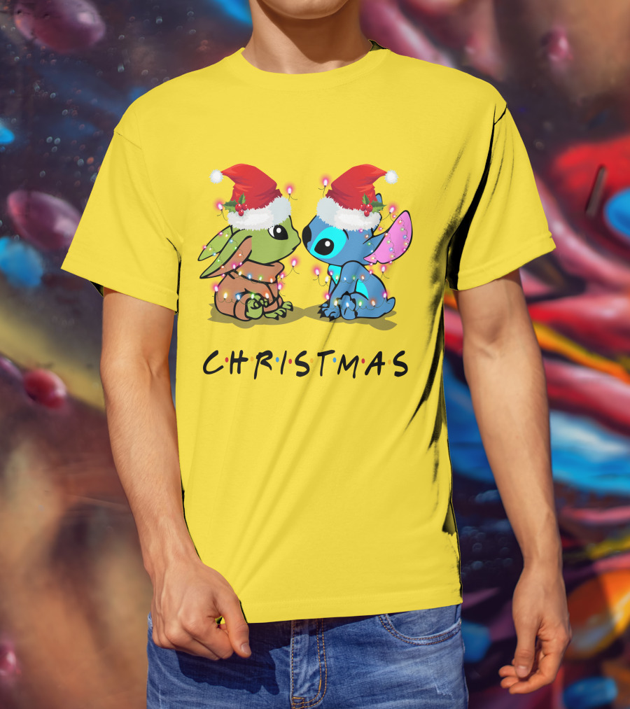 Christmas Yoda And Stitch Santa Hats T-Shirt