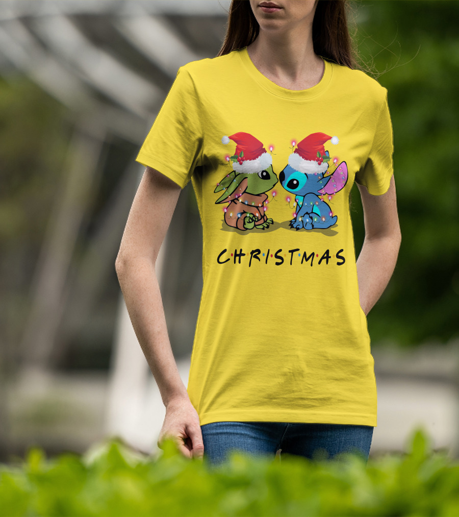 Christmas Yoda And Stitch Santa Hats T-Shirt