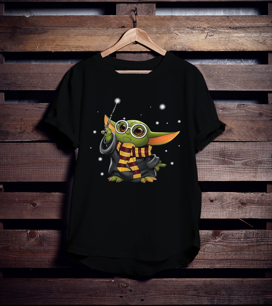 Yoda Baby Dressed As Wizard With Scarf And Wand T-Shirt