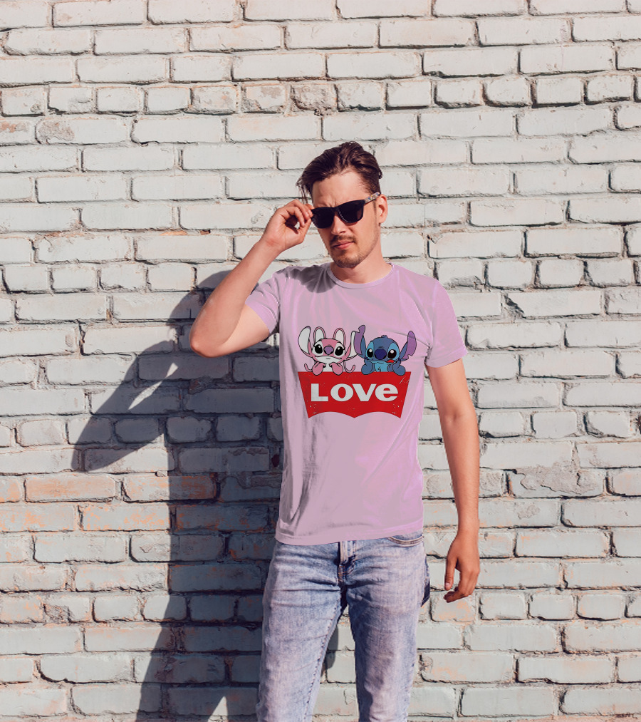 Stitch Love Pink And Blue Character Red Love Block T-Shirt