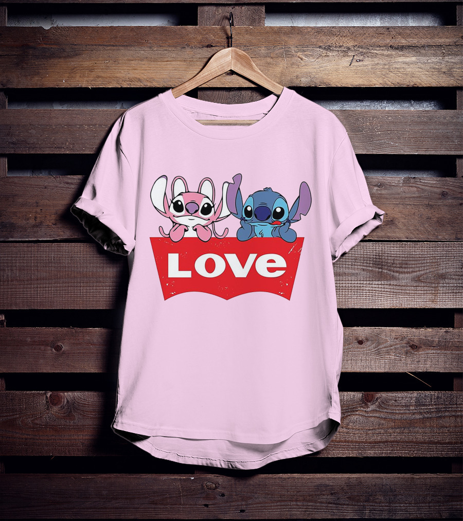 Stitch Love Pink And Blue Character Red Love Block T-Shirt