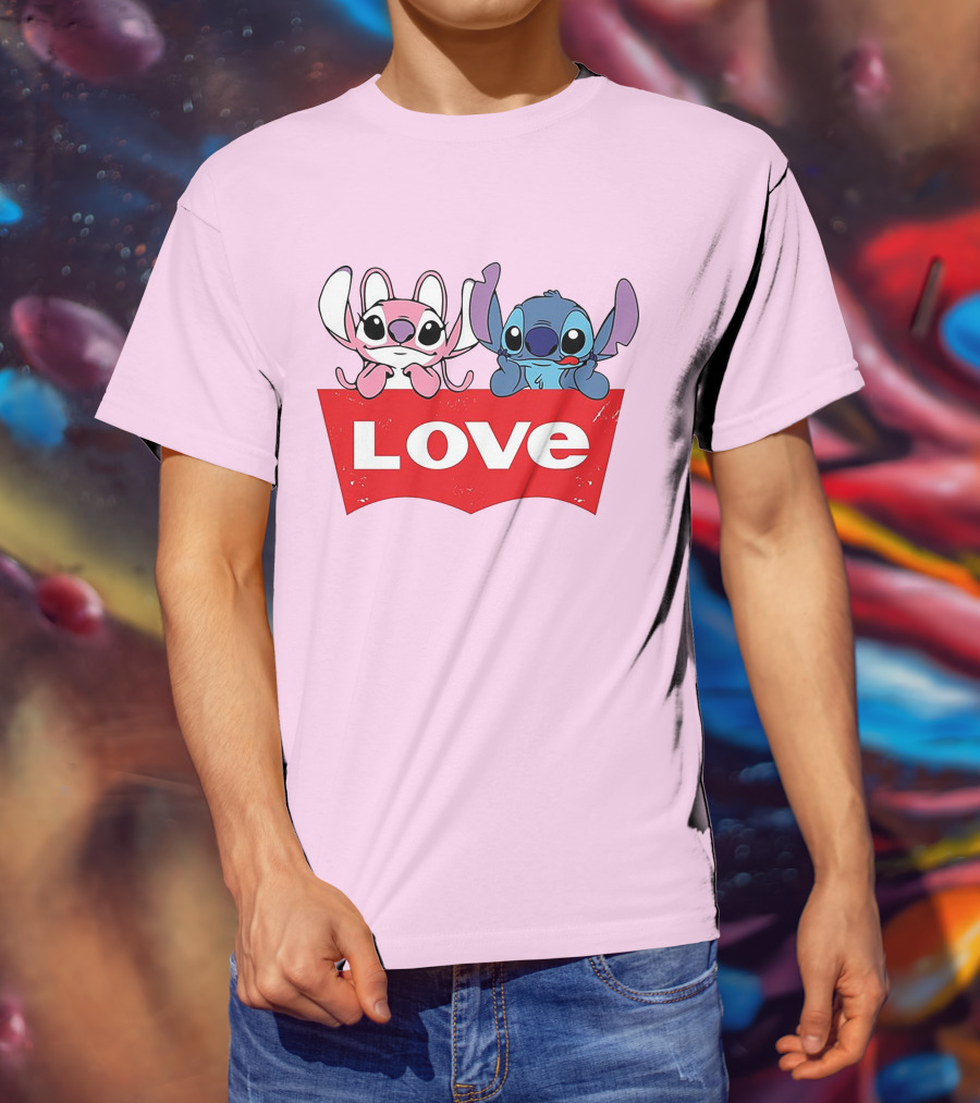 Stitch Love Pink And Blue Character Red Love Block T-Shirt