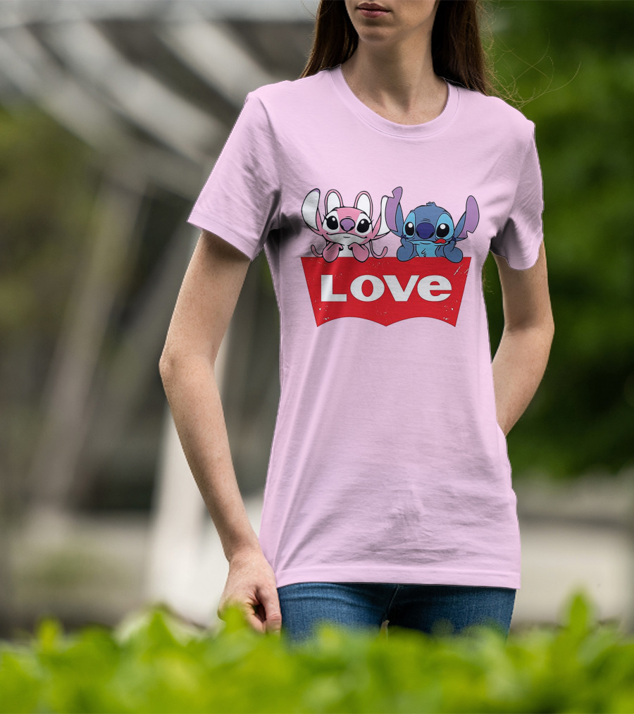 Stitch Love Pink And Blue Character Red Love Block T-Shirt
