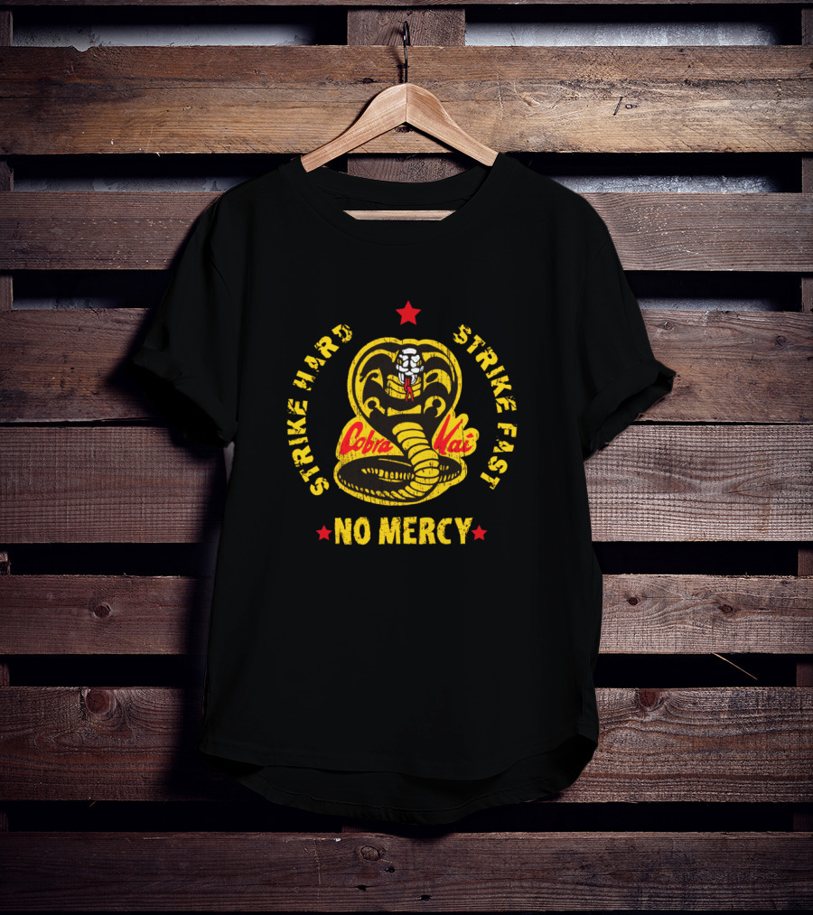 Cobra Kai Strike Hard Strike Fast No Mercy Logo With Red Star And Coiled Cobra T-Shirt