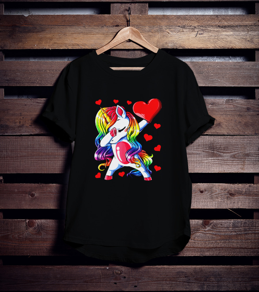 Rainbow Dabbing Unicorn Heart Valentines Day Girls T-Shirt