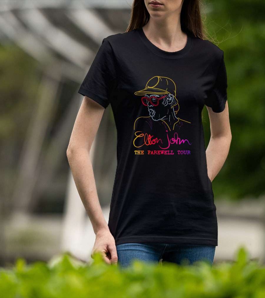 Elton John The Farewell Tour Neon Art With Glasses And Hat T-Shirt
