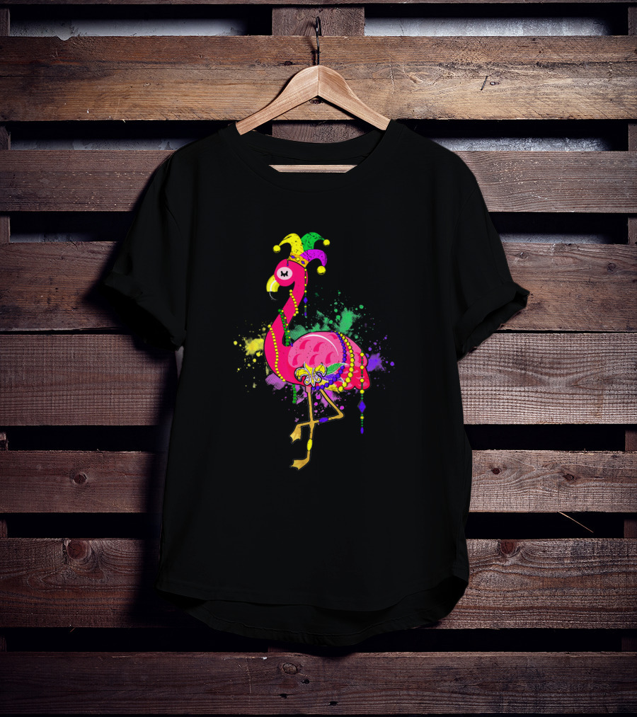 Mardi Gras Flamingo With Jester Hat And Beads On Colorful Splatter Background T-Shirt