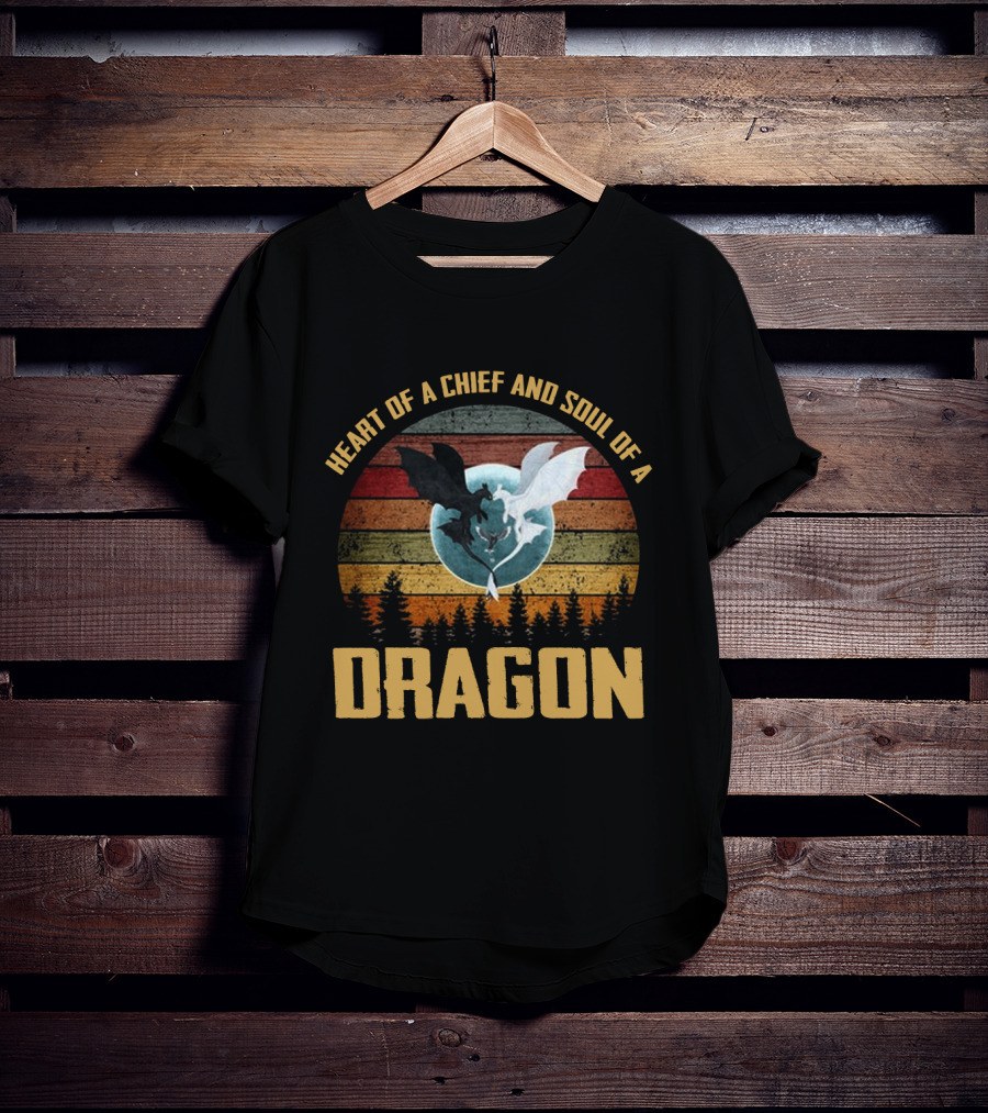 Heart Of A Chief And Soul Of A Dragon With Silhouette Of Two Dragons On Retro Stripes T-Shirt