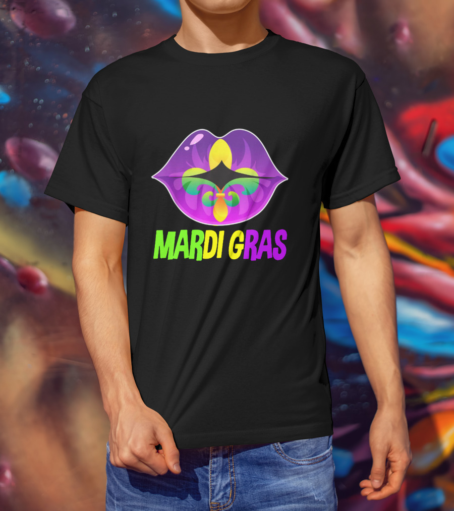 Mardi Gras Lip Fleur De Lis Purple Green Yellow T-Shirt