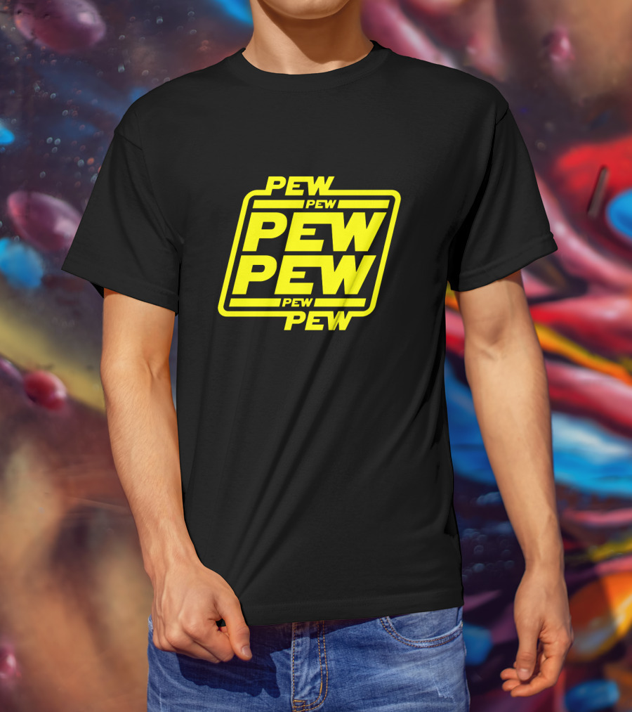 Pew Pew Pew Star Wars Bold Yellow Black Background Retro Style T-Shirt