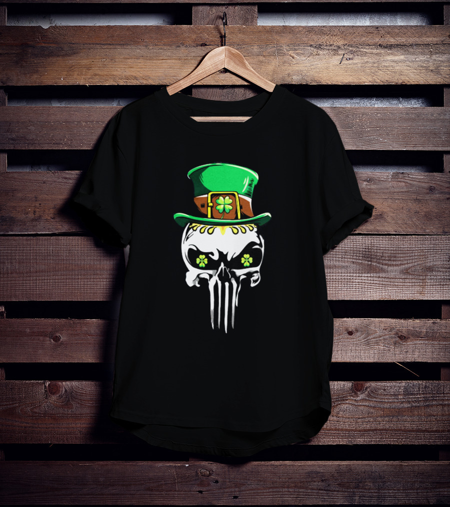 Punisher Skull With Green Leprechaun Hat And Shamrock Eyes T-Shirt