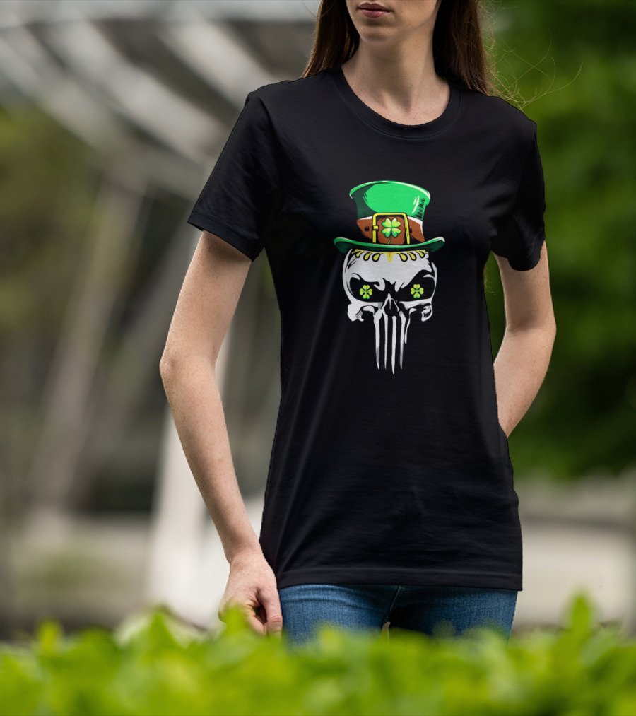 Punisher Skull With Green Leprechaun Hat And Shamrock Eyes T-Shirt
