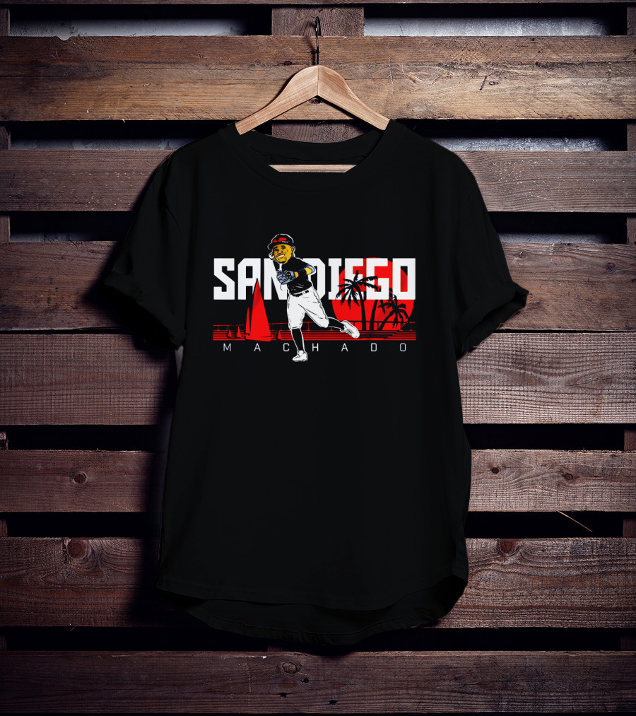 San Diego Machado Baseball Player With Sailboat And Palm Trees In Red Sunset Scene T-Shirt