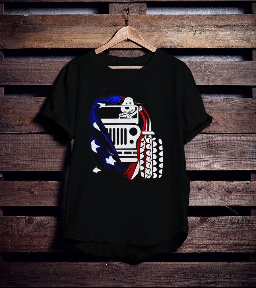 Snoopy Jeep Stars Stripes American Flag Background T-Shirt