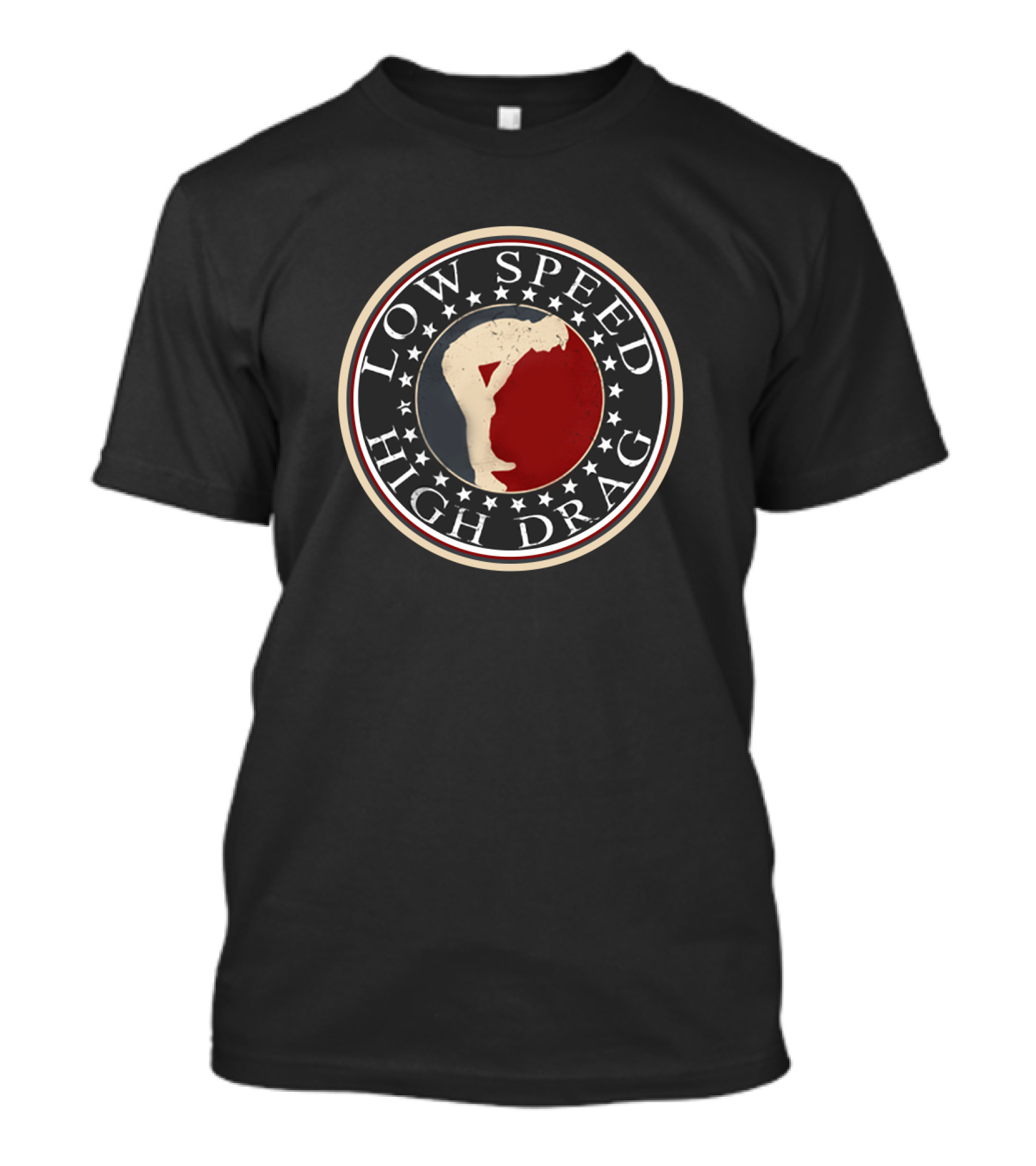 Low Speed High Drag Bending Figure Emblem With Stars And Red Blue Circle T-Shirt