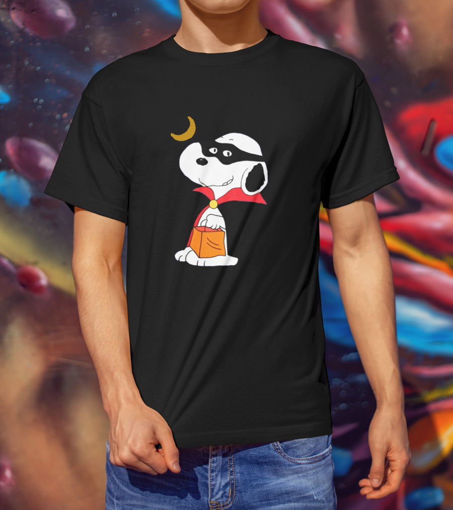 Snoopy Dressed As A Vampire Trick-or-Treating Under A Crescent Moon T-Shirt