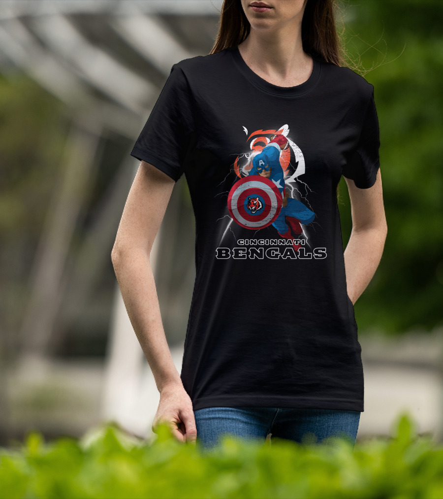 Captain America Cincinnati Bengals Nfl Lightning Shield T-Shirt