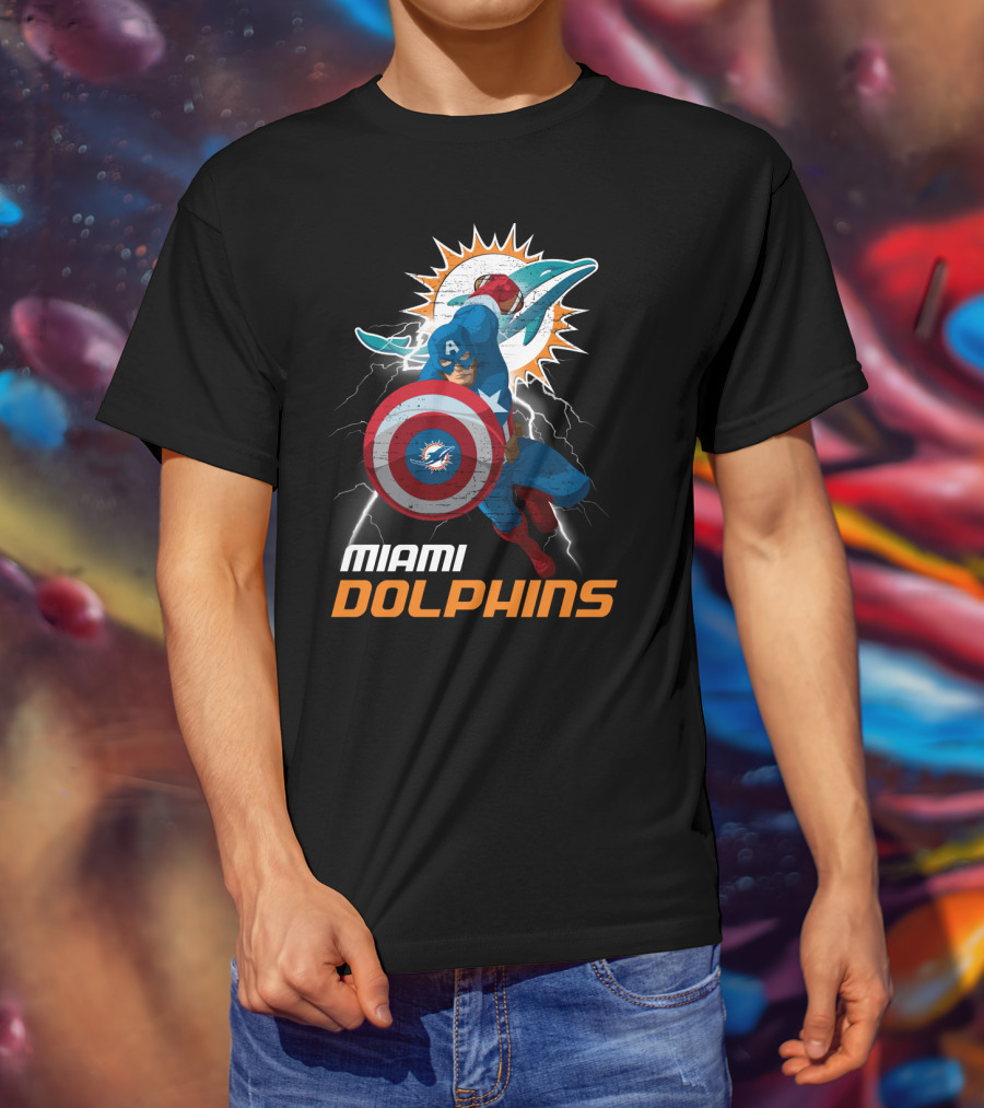 Captain America Miami Dolphins Nfl Lightning Action T-Shirt