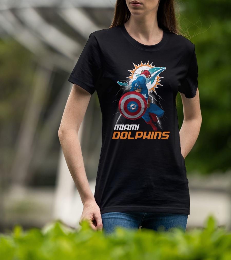 Captain America Miami Dolphins Nfl Lightning Action T-Shirt