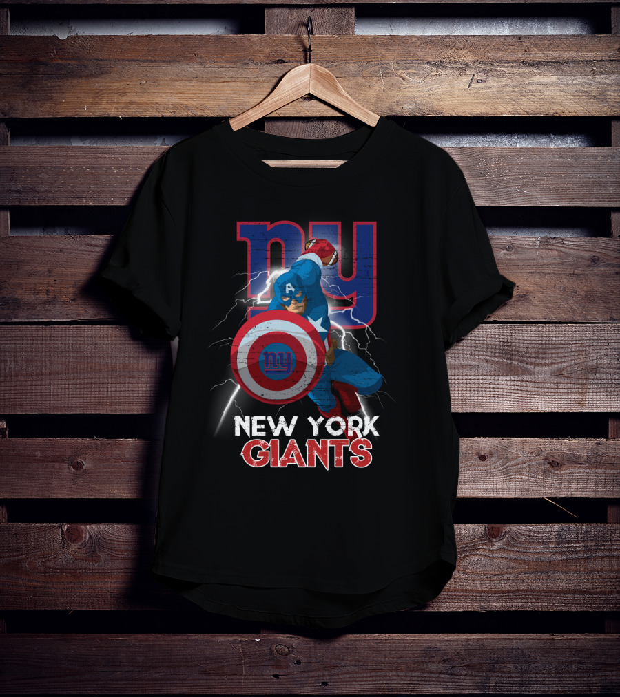 Captain America New York Giants Nfl Superhero Shield Lightning Action T-Shirt