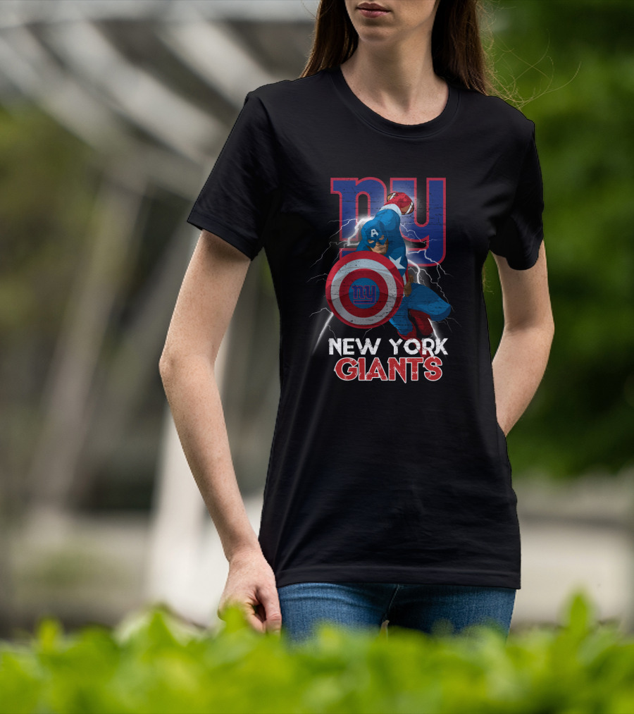Captain America New York Giants Nfl Superhero Shield Lightning Action T-Shirt