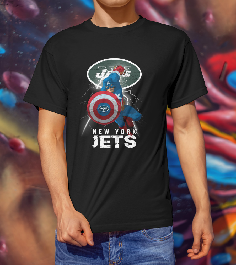 Captain America New York Jets Nfl Lightning Shield T-Shirt