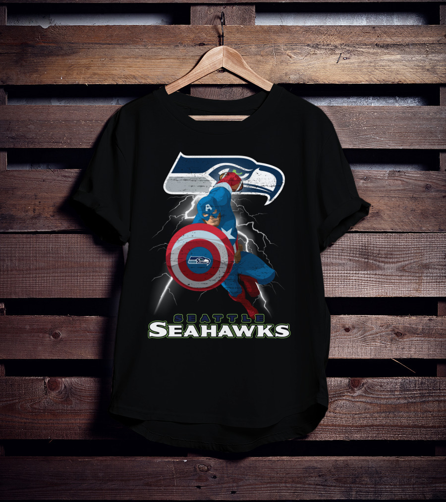 Captain America Seattle Seahawks Nfl Football Crossover Superhero Logo Lightning T-Shirt