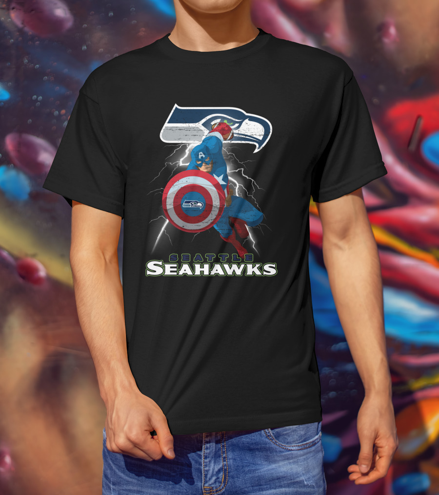 Captain America Seattle Seahawks Nfl Football Crossover Superhero Logo Lightning T-Shirt