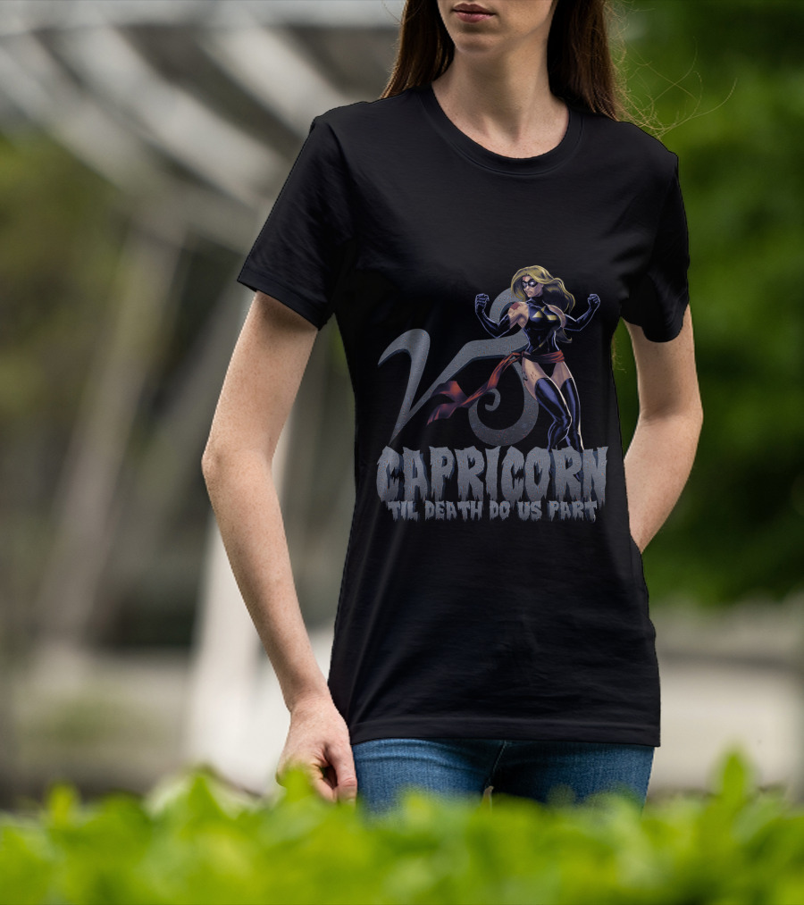 Capricorn Symbol With Captain Marvel Pose Til Death Do Us Part For Marvel Fans T-Shirt