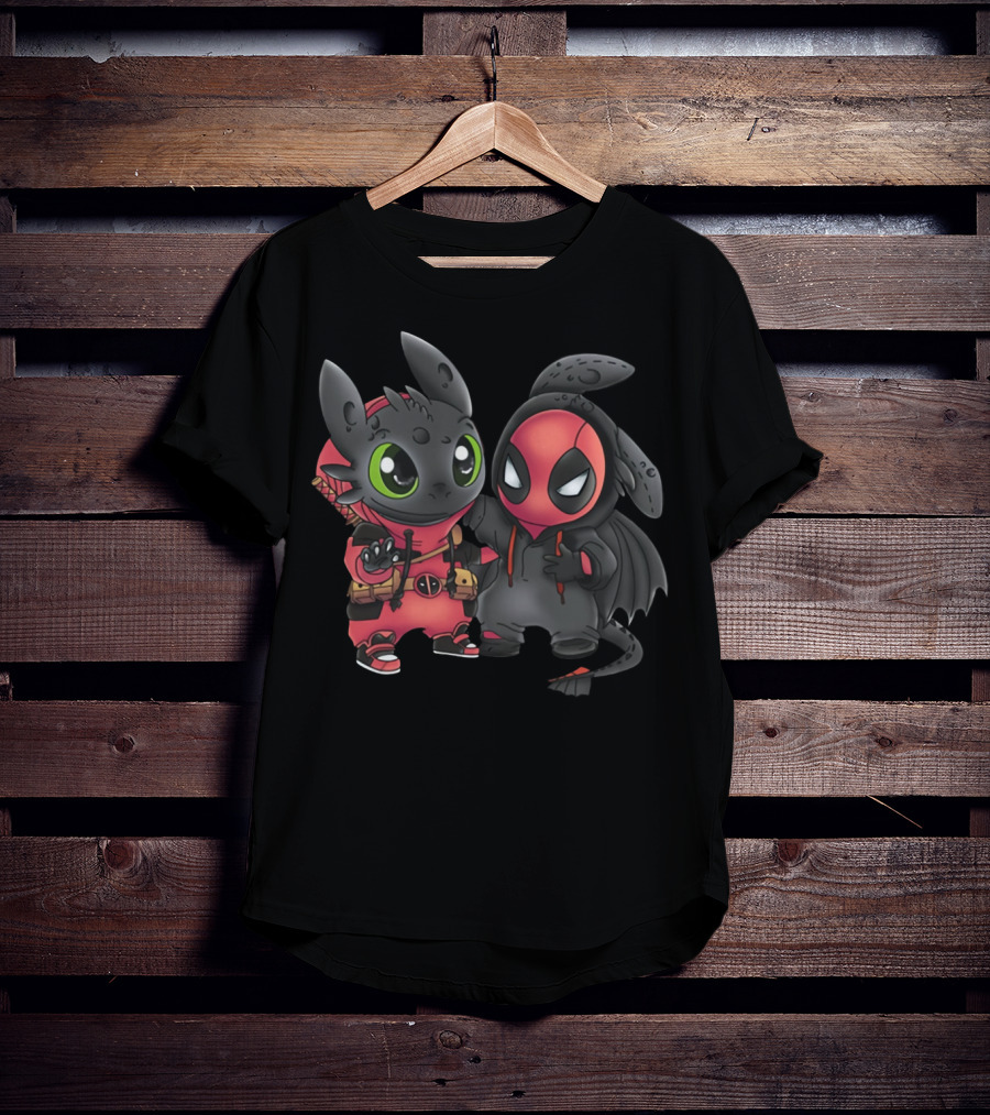 Baby Toothless And Deadpool Mashup Crossover Featuring Cute Duo With Iconic Red And Black Costume Elements T-Shirt